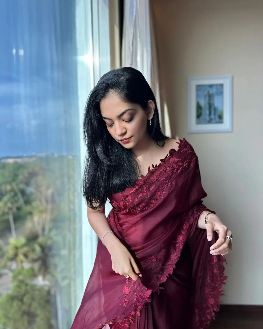 Ahaana Krishna in Maroon Saree Sleeveless Blouse